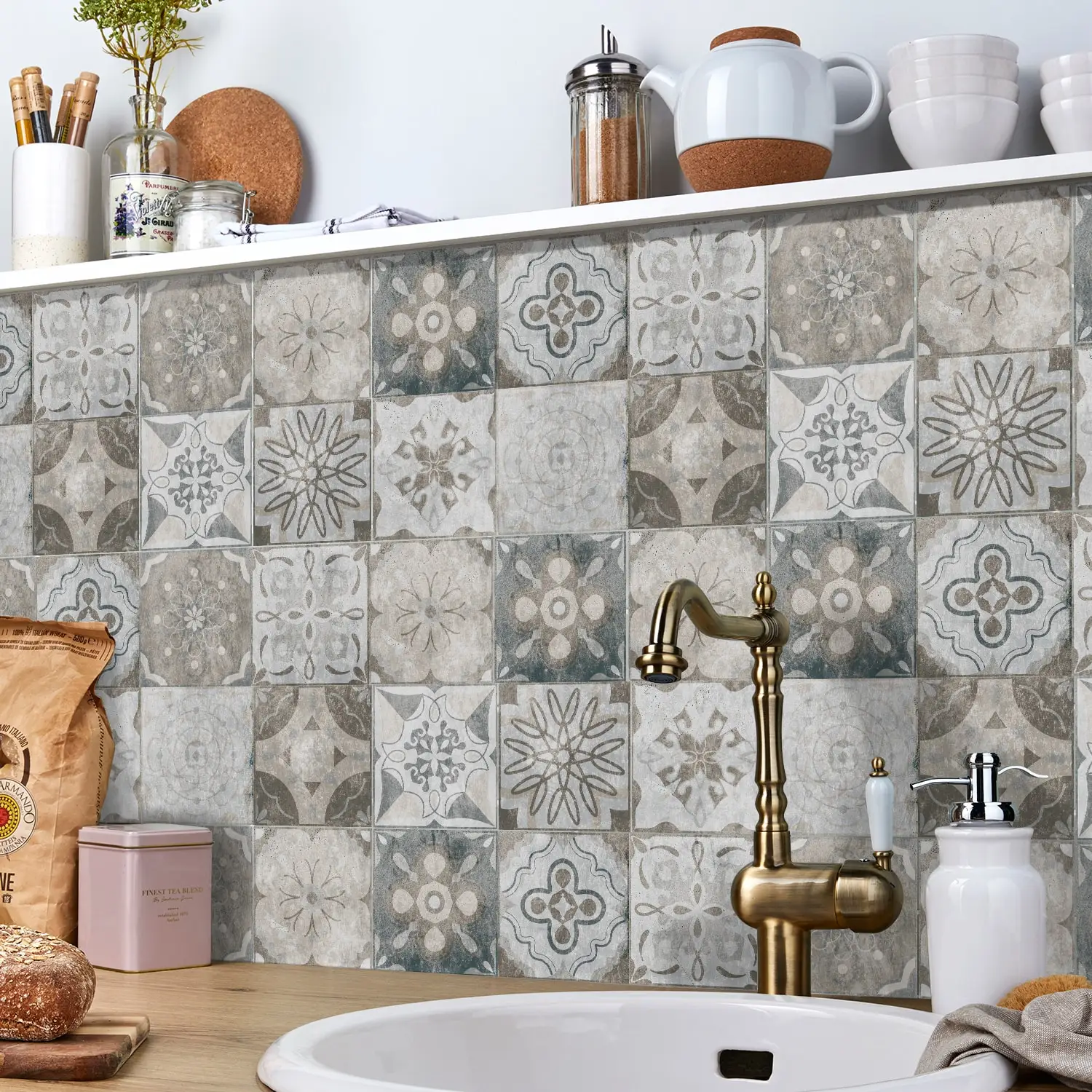 24 Pieces of Mandala Retro Pattern Glossy Self-adhesive Tile Stickers for Kitchen and Bathroom Removable Waterproof Wall Sticker
