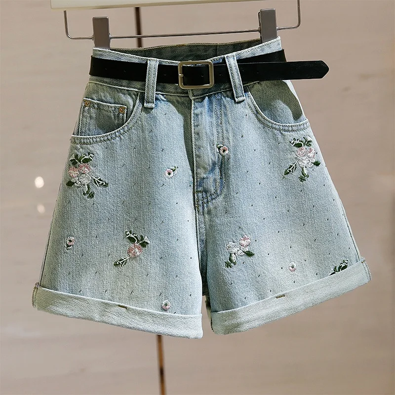 

High Waisted Denim Shorts Women Summer 2025 Floral Embroidered with Hot Diamonds A-line Wide Leg Hot Pants Ladies