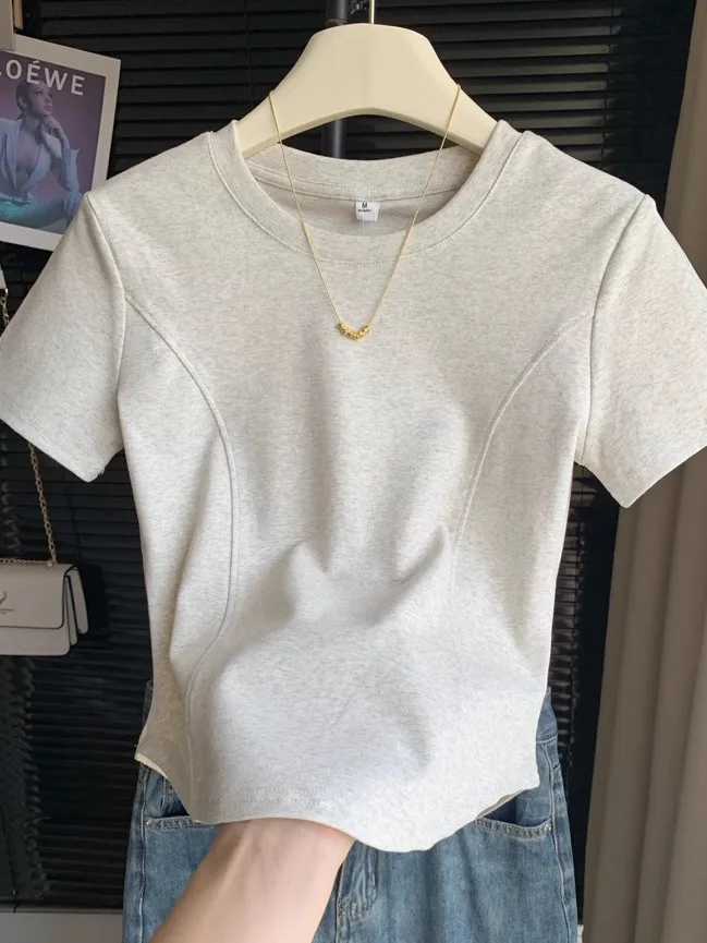 

White ort Sve T-irt Women's Summer New Faion Ele Fibone Design Irregular ort Top Korean Sle Pure Cotton Sw...