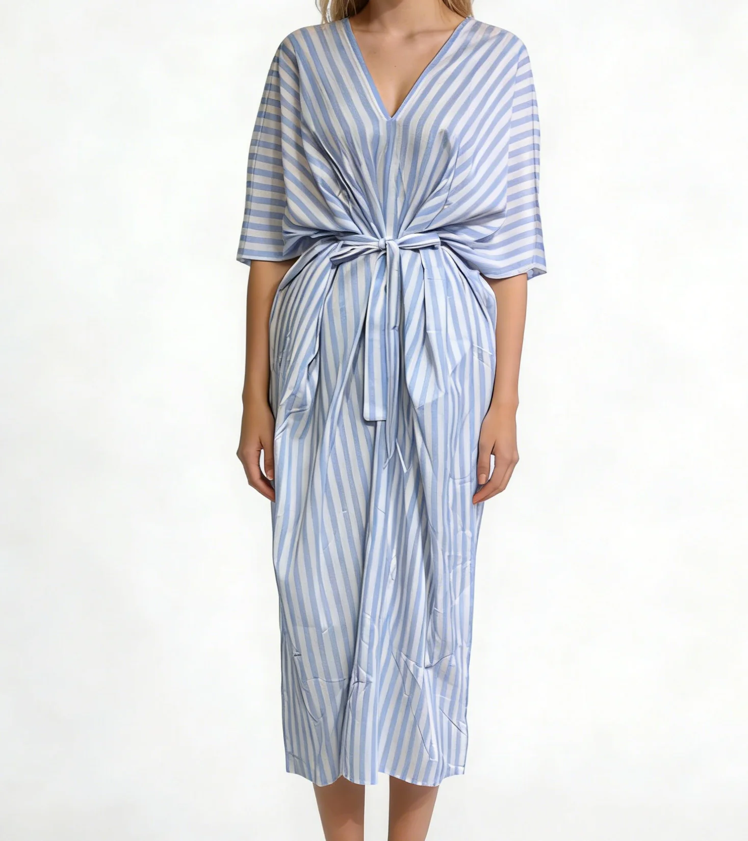 

Модное полосатое платье с принтом, короткими рукавами и свободным кроем, элегантное макси-платье с V-образным вырезом и открытой спиной - GZXX467