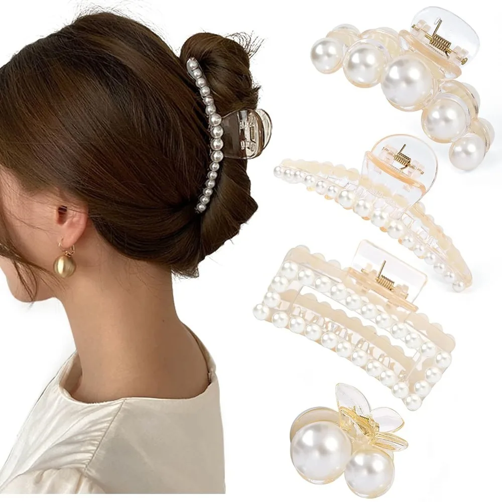 

4 PCS Large Pearl Hair Claw Clips Fashion Barrette Clamps for Women And Girls Thick Or Thin Hair Accessories