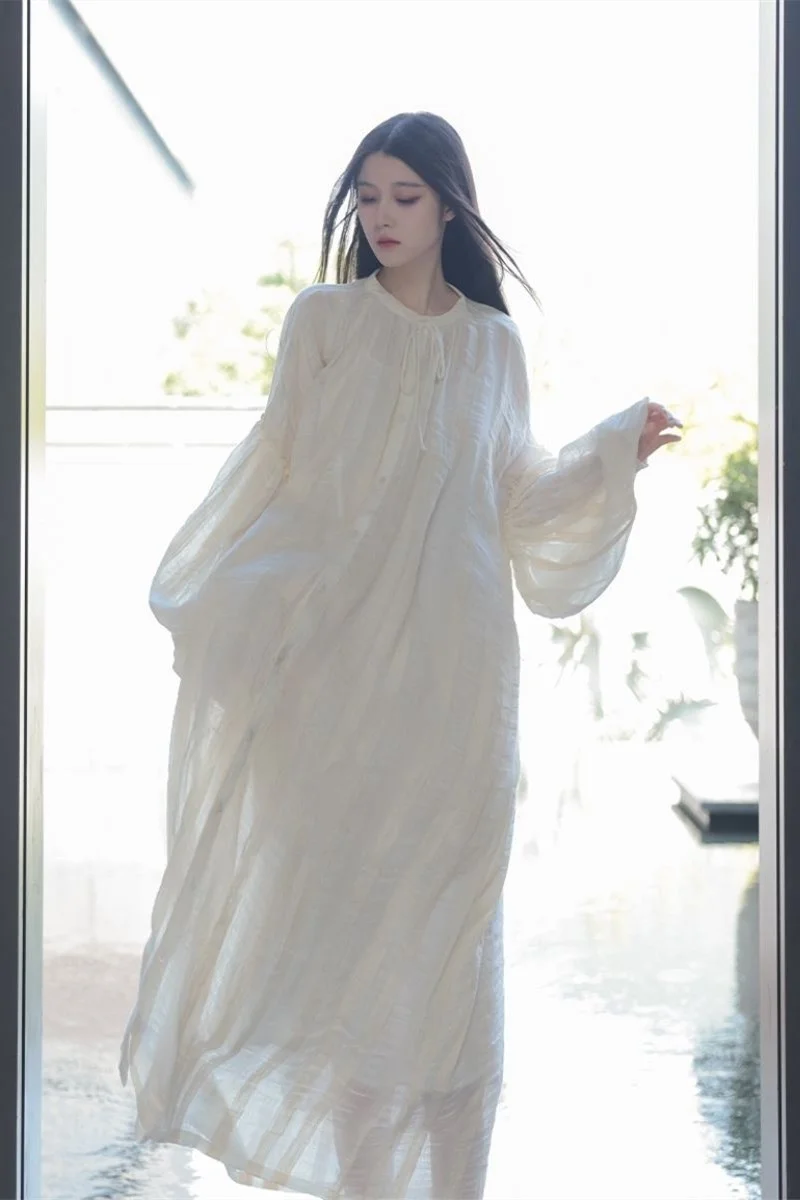 UMI MAO Chinese Style Dresses Fashion Summer Women 2023 Summer New Vintage Lazy Style Loose Swing Lantern Sleeve Long Dress