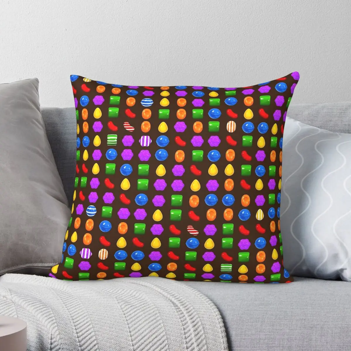 Capa de almofada quadrada Candy Crush Saga, poliéster, linho, padrão de veludo, com zíper, capa decorativa para almofada, capa de almofada para quarto, 18 polegadas