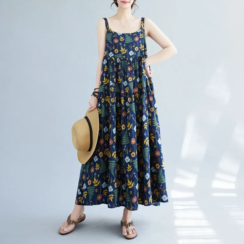 #6657 Blue Purple Backless A-line Dress Floral Printed Cotton Linen Spaghetti Strap Dress Women Loose Thin Ankle-length Summer