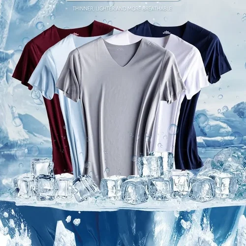 Camiseta de seda de hielo transpirable sin costuras para hombre, chaleco de moda, Camiseta deportiva de manga corta, camisetas con cuello en V de Color sólido de seda helada de verano