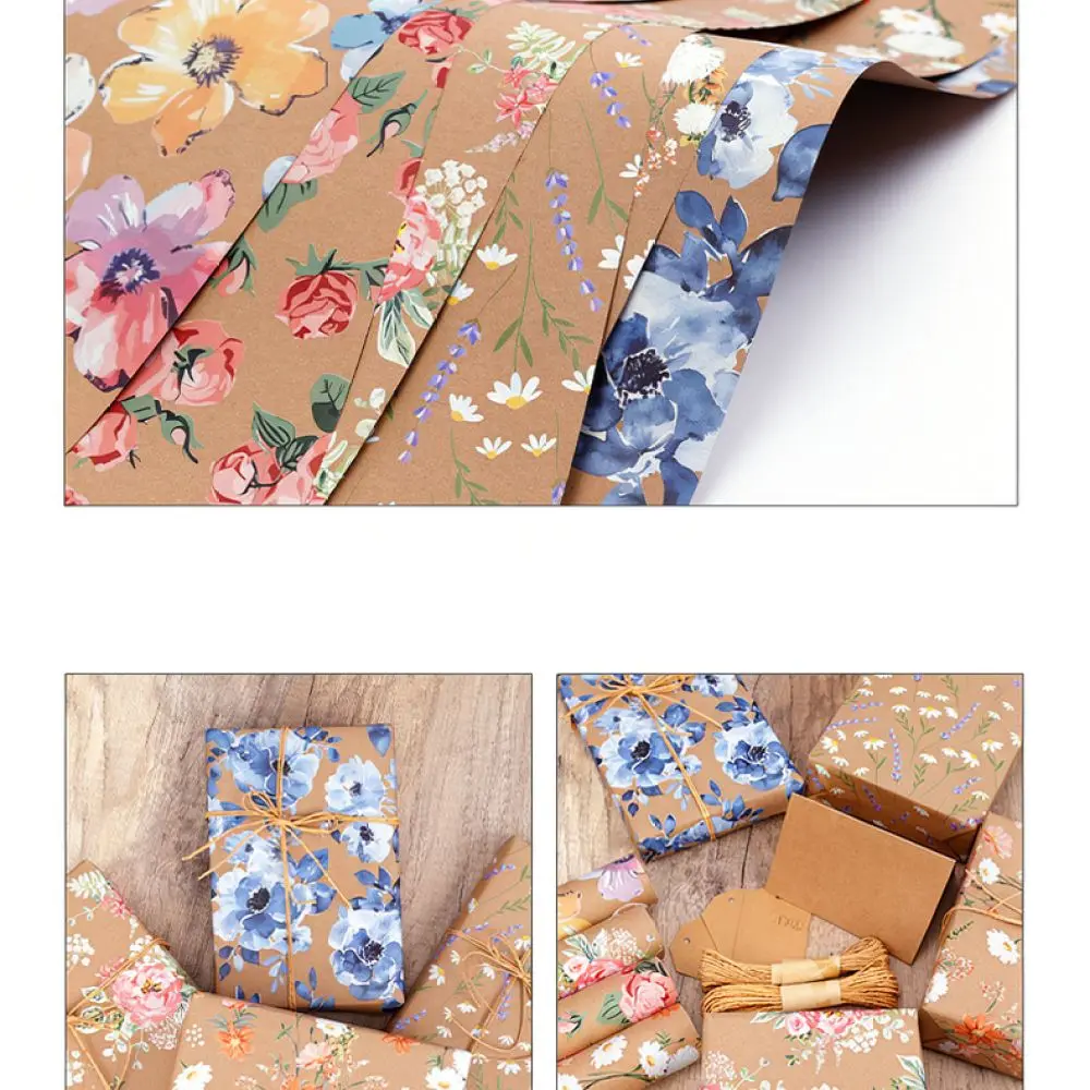 Vintage Floral Kraft Gift Paper Roll Wrapping Material For Anniversary Birthday Presents Party Decorative Supplies Wrap