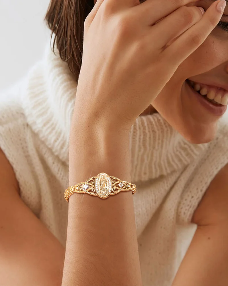 Guadalupe Virgin Mary Bracelet for Women, Zirconia Catholic Bracelet Bangle, Religious Baptism Hypoallergenic Non Tarnish