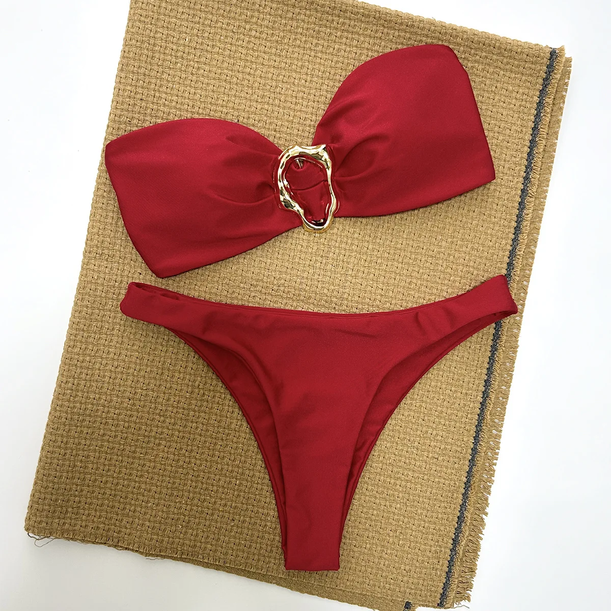 Damskie seksowne czerwone bikini bandeau, ekstremalny strój kąpielowy bez ramion, mini mikro stringi stroje kąpielowe, sznurowany strój kąpielowy,