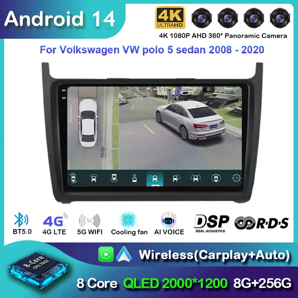 Android 14 For Volkswagen VW Polo Sedan 2008 - 2015 Carplay Car Radio Navigation GPS Multimedia Player WiFi+4G Stereo Video DSP