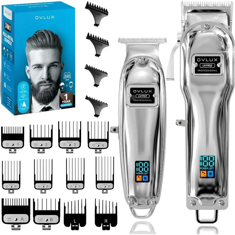 Full Metal Cordless Hair Clippers and Trimmer Professional Set for Men - Rechargeable Clippers for Hair Cutting, Beard T-Blade