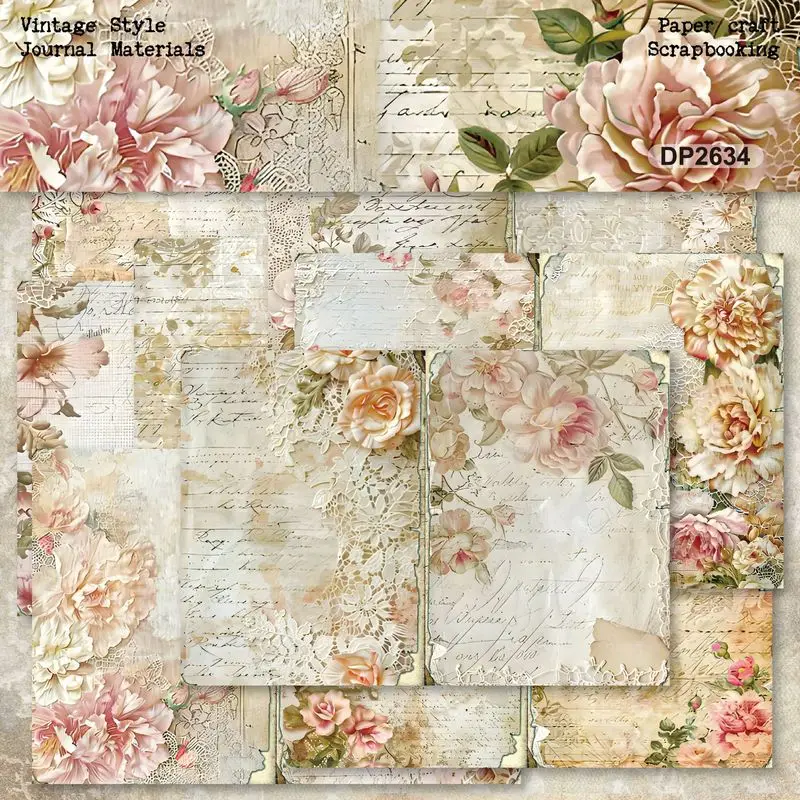 Antique Vintage Pink Peony Flower Lace Old Handwriting Letter Collage Pattern Paper Handmade Decor DIY Scrapbook Craft