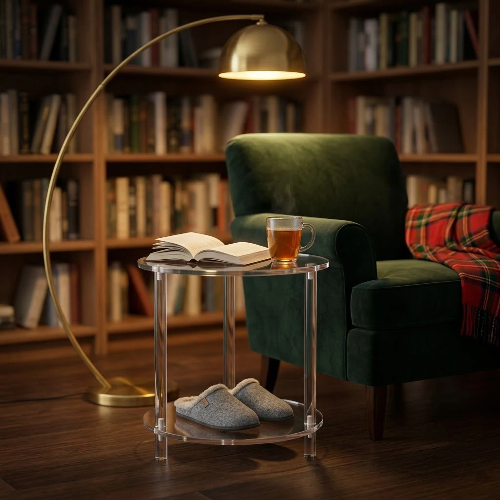 

Small Round Acrylic Coffee Table with Bottom Shelf, 2 Tier Clear Acrylic Side Table 11.8 Inch, Transparent Accent Table for Living Room Bedroom Bathroom, Plant Stand Display