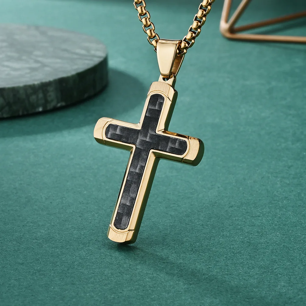 Punk Two Tone Riveted Cross Pendants Fashionable and Simple Commuting Men's Titanium Steel Necklace Wishing and Praying Jewelry