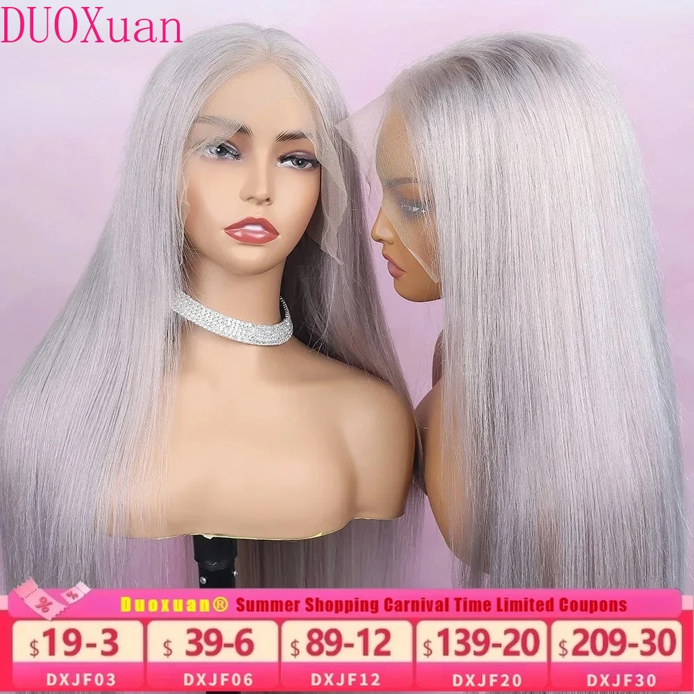 

DUOXuan Gray Highlight Straight Human Hair Wigs 13x6 Transparent HD Lace Frontal Wig Brazilian Long Hair for Women 30 40 Inch