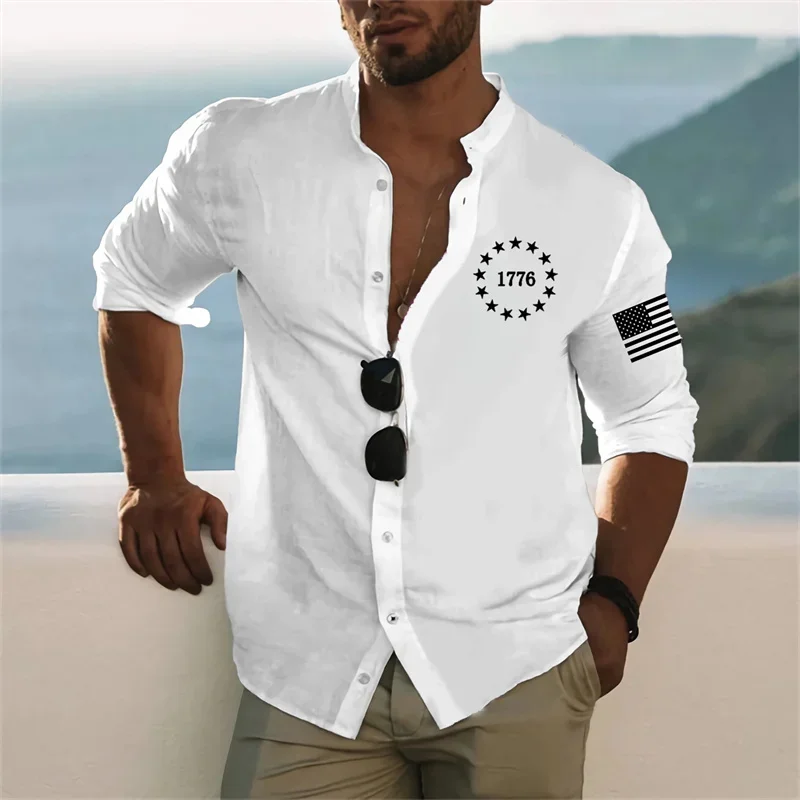 

Men's Simple Retro White Casual Sports Room Muscle Shirt Outdoor Street Long-sleeved Button Top Latest Fashion Simple