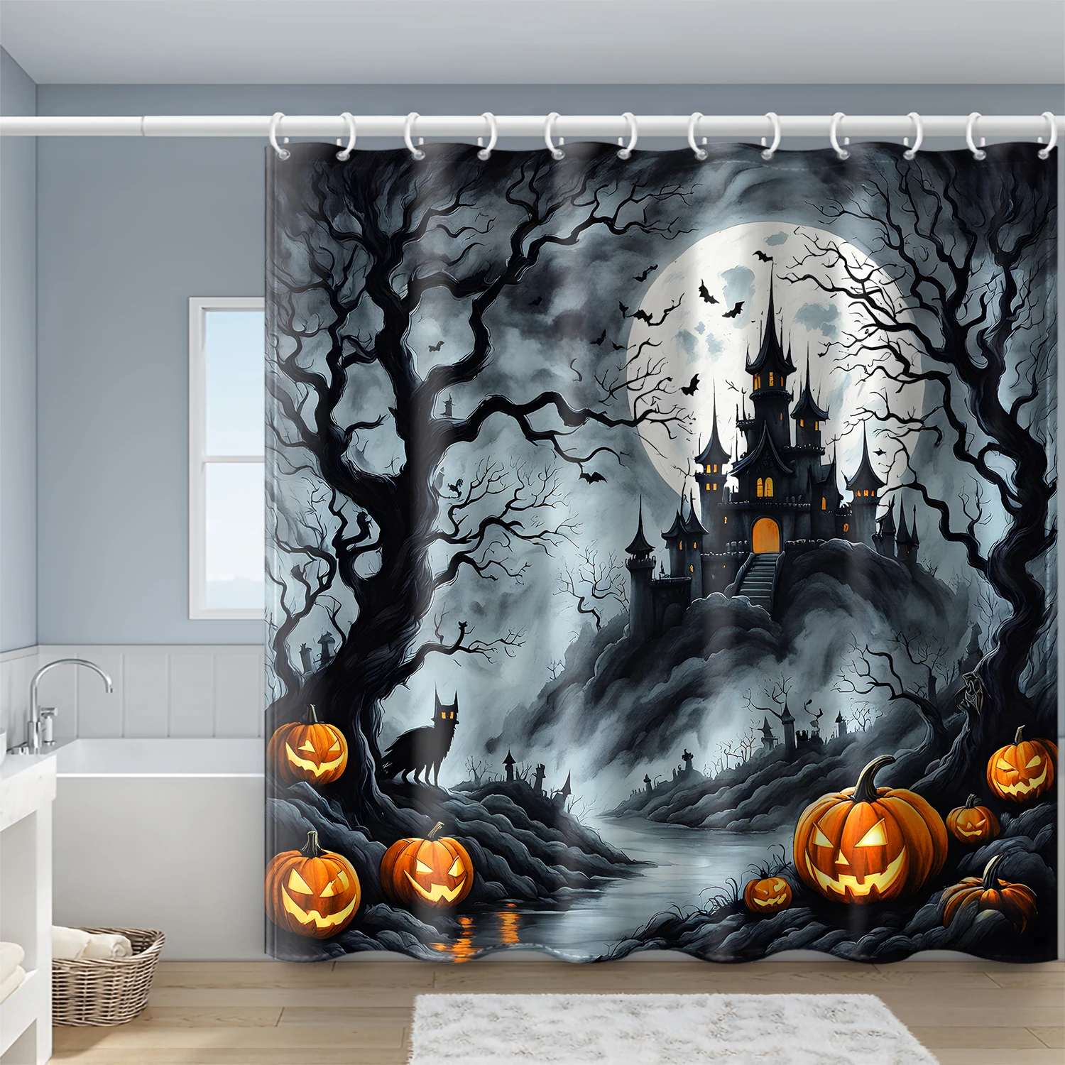 1pc Dark Night Castle Pumpkin Bat Shower Curtain with Plastic Hook, Halloween Cartoon Festival Style Bathroom Partition Curtain