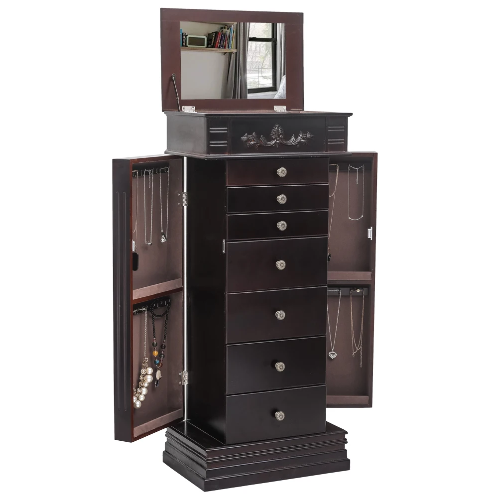 Jewelry Armoire with Mirror, 8 Drawers & 16 Necklace Hooks,  2 Side Swing Doors(Brown)