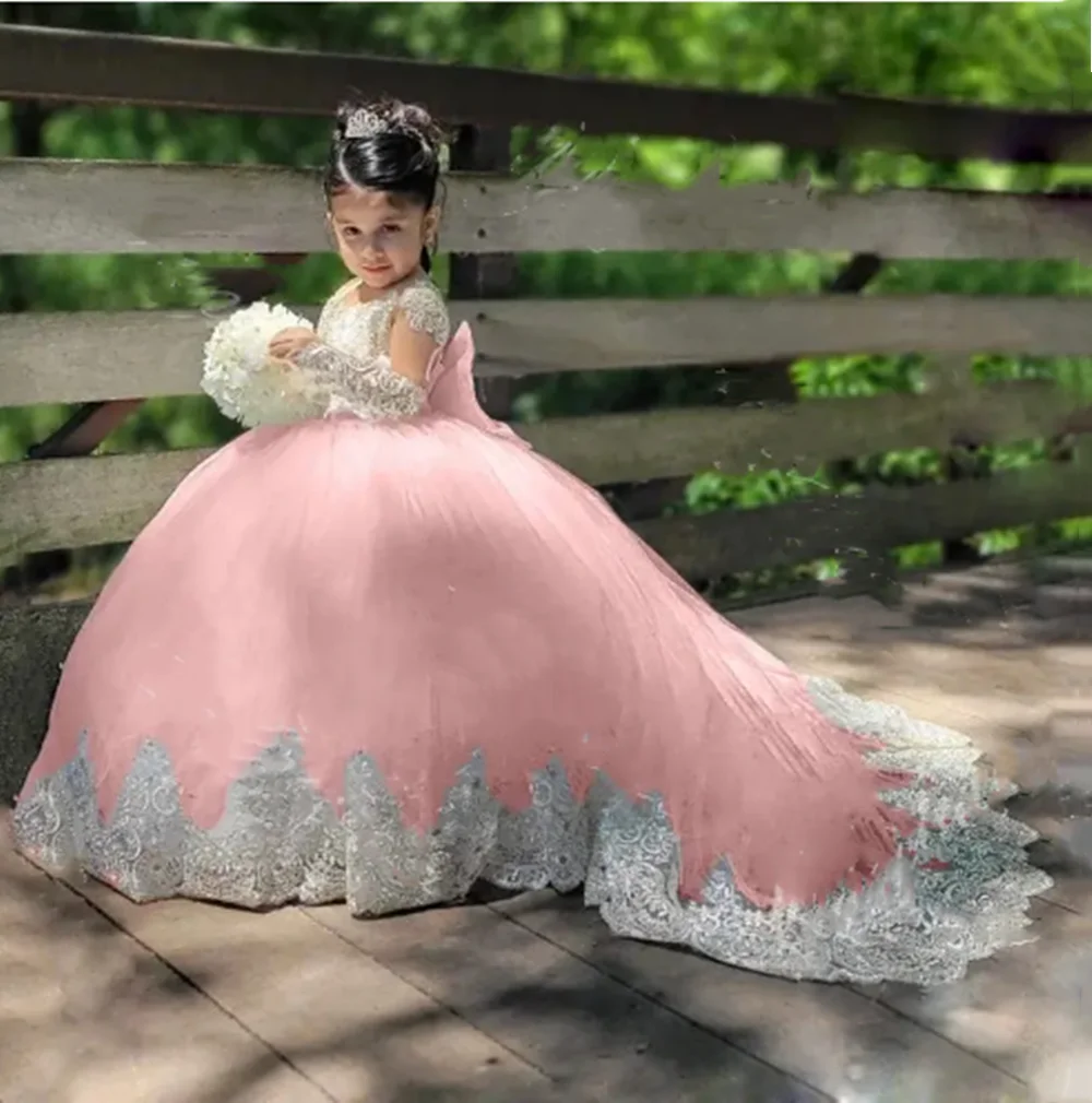 فساتين فتاة الزهور العاجية المخصصة لحفلات الزفاف مزينة بطول الأرض للأطفال وحفلات أعياد الميلاد الأولى
