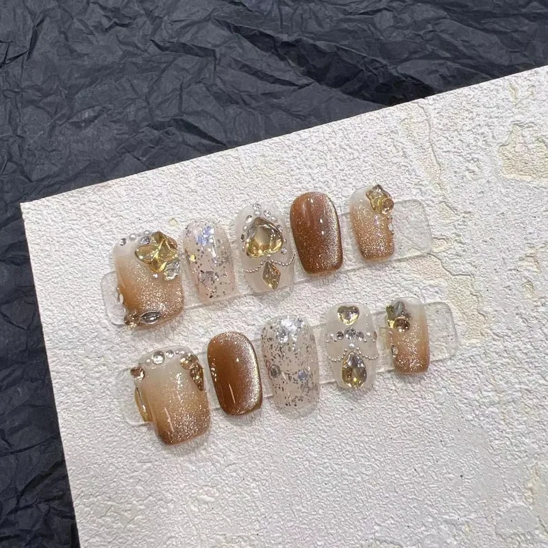 10Pcs /Set Full Cover False Nails Press on Nails  Handmade Patch Removable Fake Nails Mocha Gradient Sparkling Champagne Diamond