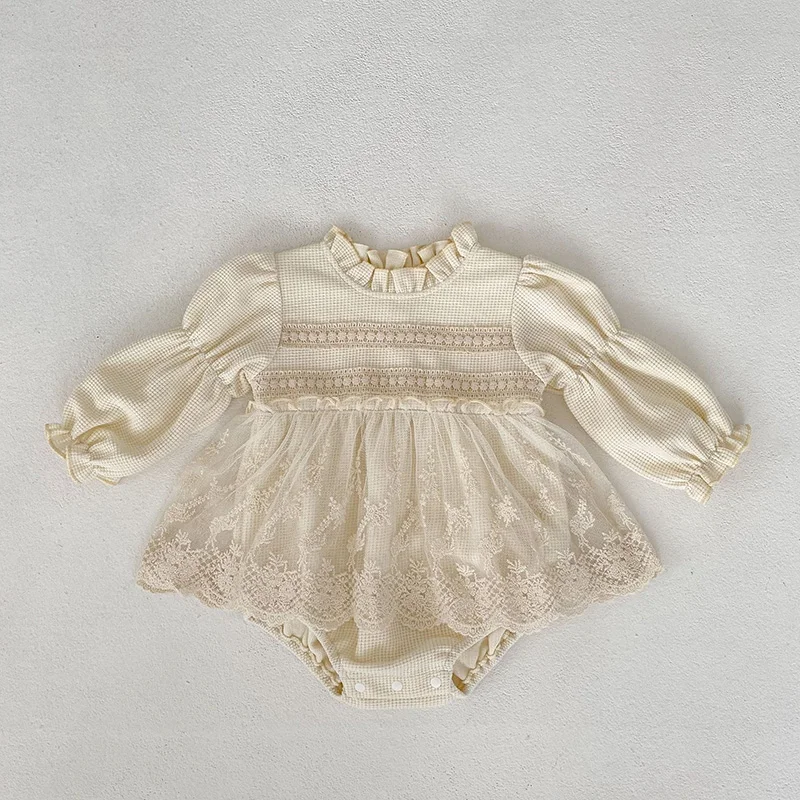 0-2y New Waffle Cotton Infant Baby Girl Bodysuit Dress Puff Sleeve False-2pcs Lace One-Piece Skirt Clothing for Newborns