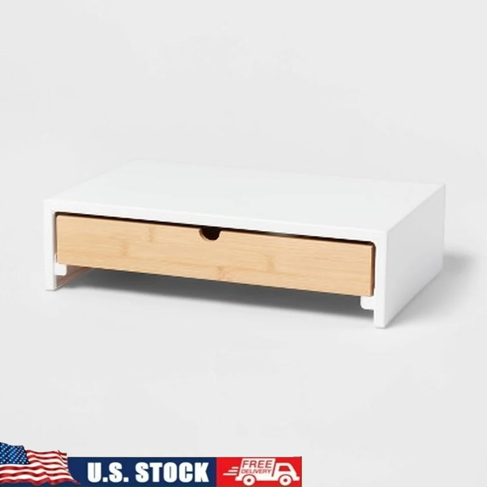 

White Monitor Stand with Drawer Office Organizer Steel Frame Desktop Riser Bamboo Storage Solution Workstation