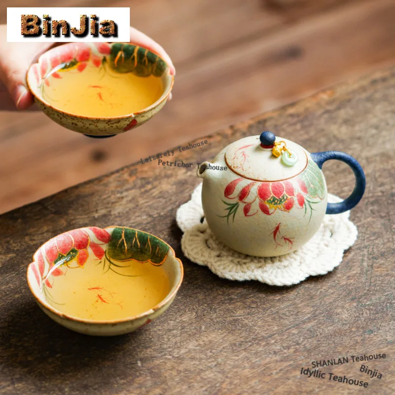 

Hand Painted Koi Fish Playing With Lotus Travel Tea Set Kit Handmade 1 Pot 2 Cups Tea Maker Organizer Portable Outdoor Handbag