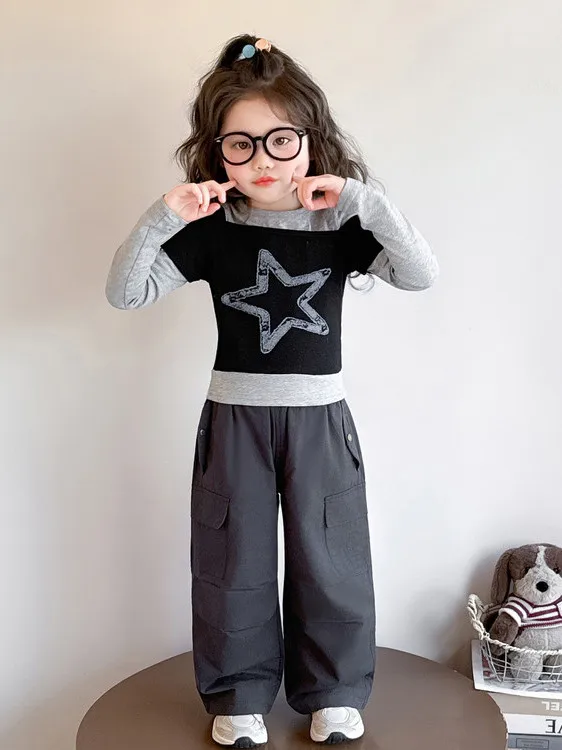 

Girls Long Sve T-irt And Pants Set Spring Season Korean Sle Versatile Star Print Casual Sports Outfit for Children