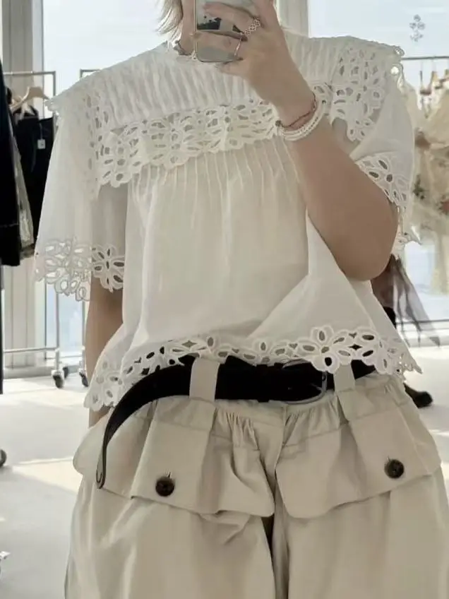 

2026 New round Neck Lace Hollow out White Trim Slimming Short Sleeve Shirt Women's French Style Loose Fit Cotton Top