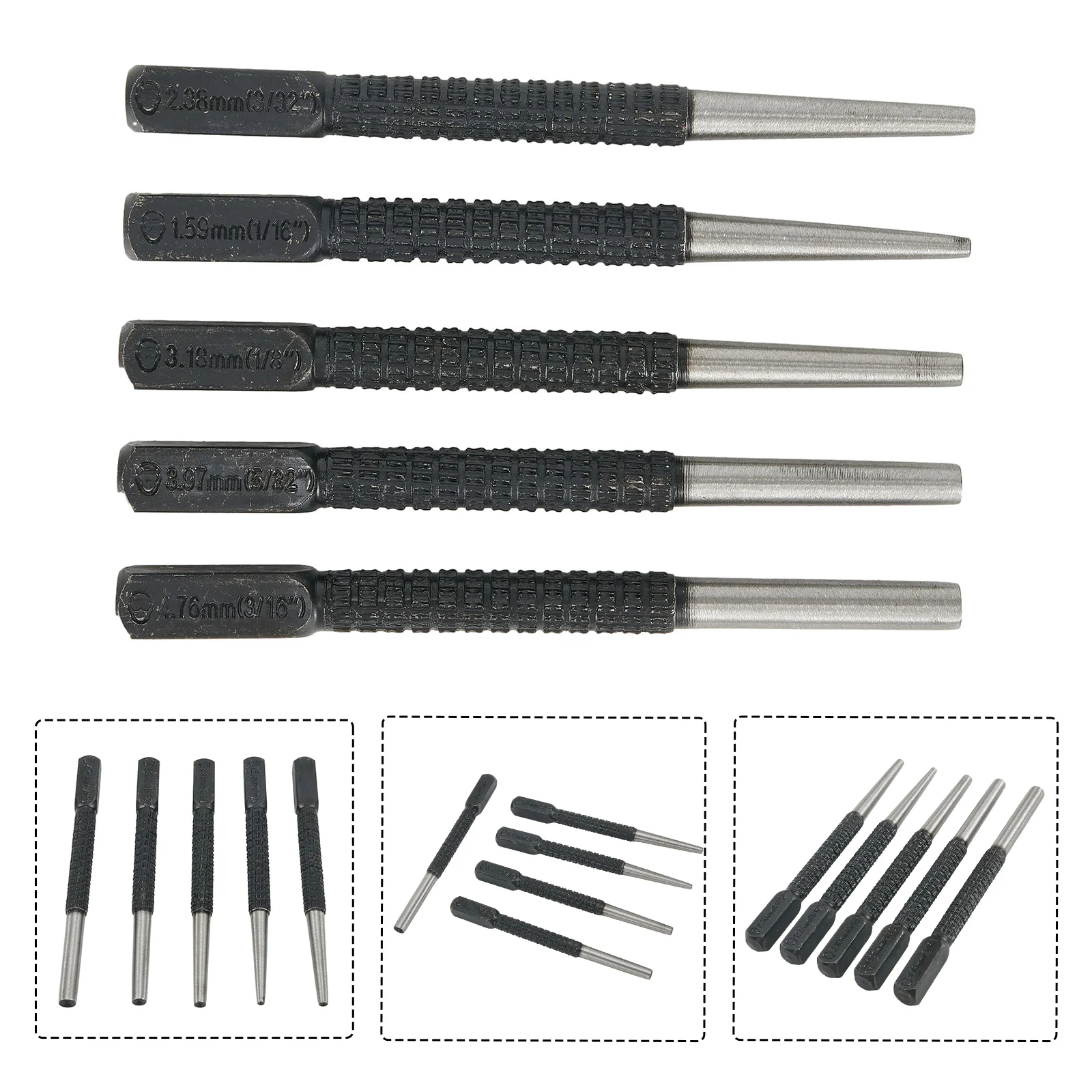 5pc Nail Punch Set Knurled Body Square Punch Length 100mm Punching Tool Metal Wood Marking Drilling Tool Steel Center Punch