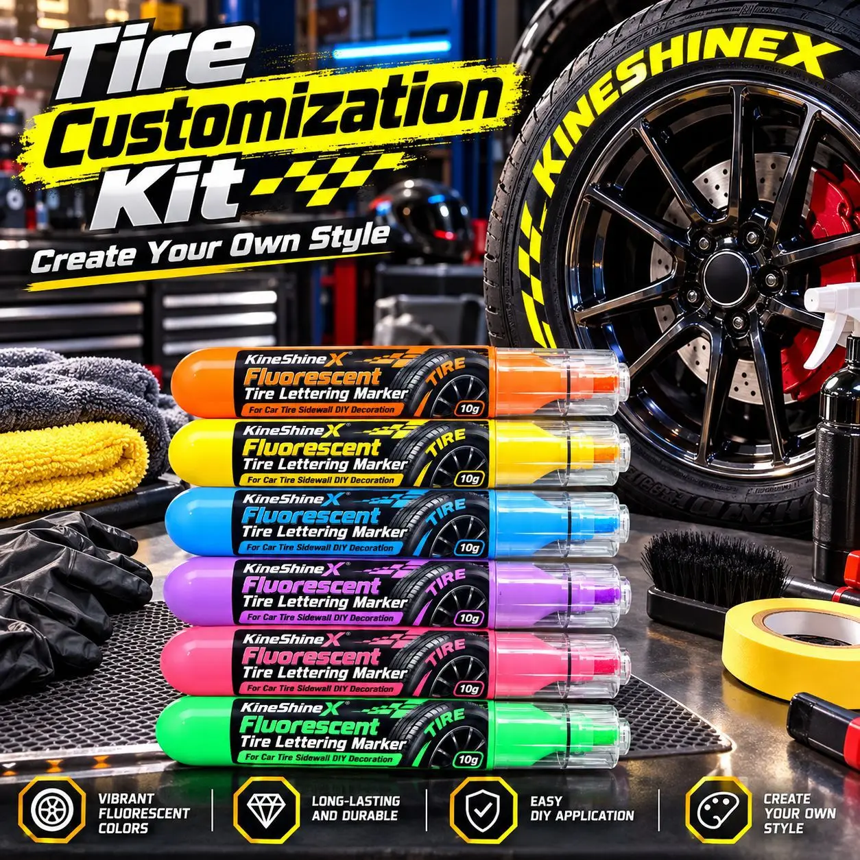 6 Colors Fluorescent Tire Lettering Marker Set for Car Sidewall DIY Decoration Waterproof Paint Pens Bright Long Lasting