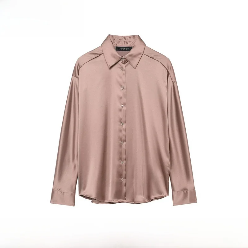 

Женская осенне-зимняя блузка из полиэстера с эффектом шелкового атласа, длинным рукавом, воротником-стойкой, спущенным плечом, прямым кроем, в уличном стиле