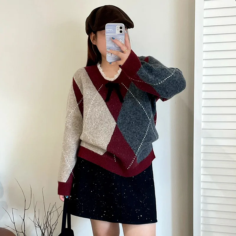 

Loose Casual Oversized Women's Knitted Sweater Color Block Lazy Style Winter Fashion Sweet Style Polyester Fiber V-Neck Long ...