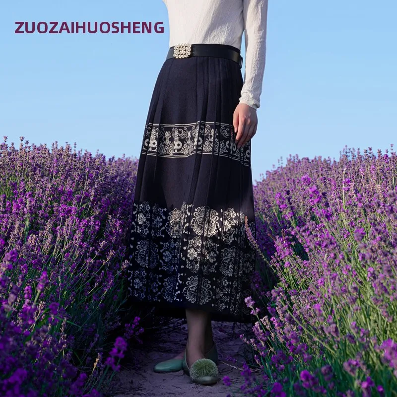 

Новая осенне-зимняя женская юбка ручной вязки с цветочной вышивкой, винтажная китайская миди-юбка из смесовой ткани (полиэстер, нейлон, шерсть)