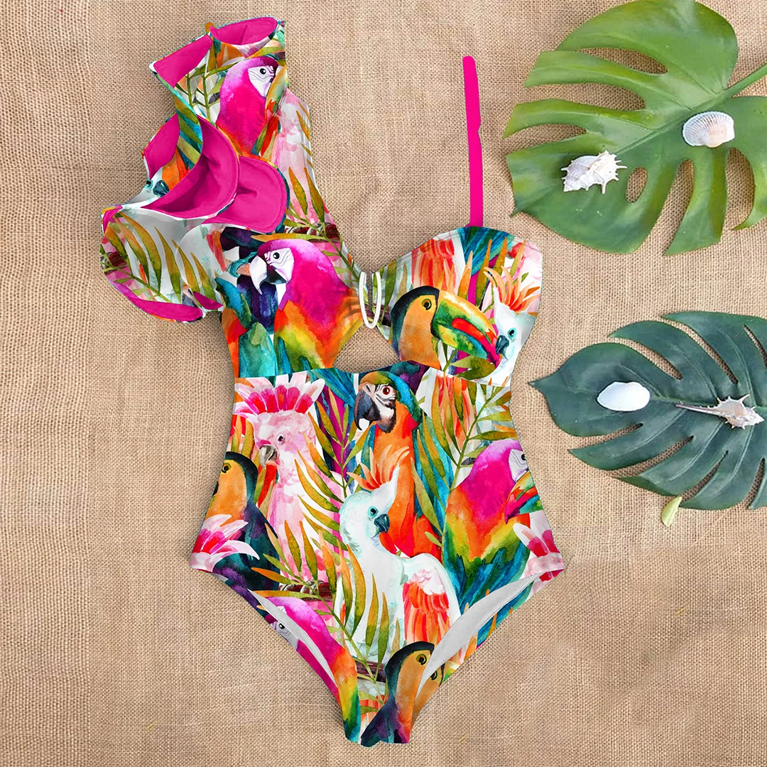 Sexy One Shoulder Ruffle One Piece Swimsuit Print Floral Swimwear Women Swimsuit V Neck Bathing Suit Beachwear Monokini Female