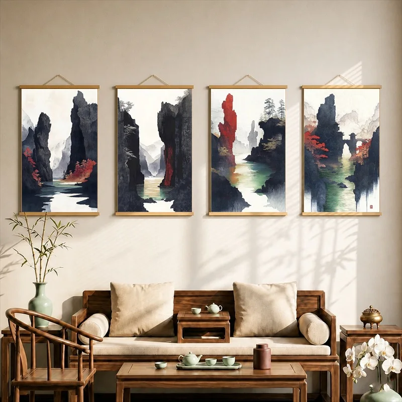 Wall Decor Crimson Cliffs and Ink Mountains, Chinese Landscape Pearlescent Canvas Hanging Scroll with Wooden Rods for Entryway