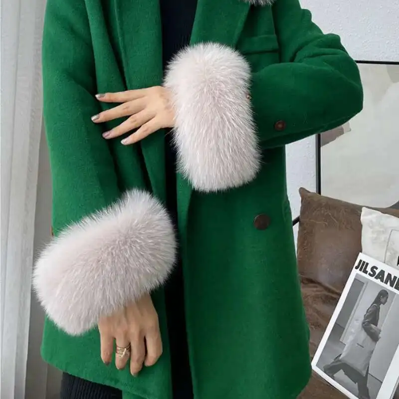 Puños de piel de zorro Natural para mujer, puños de muñeca peludos, abrigo, pulsera, guantes cálidos desmontables, mangas de piel esponjosas sólidas para mujer