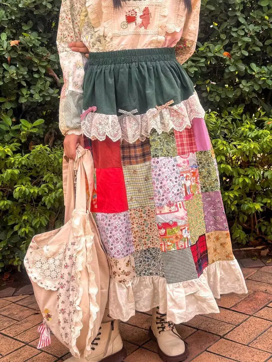 Mori menina feminina algodão retalhos babados rendas denim midi saia vintage retro chique cottagecore doce bonito lolita saia longa