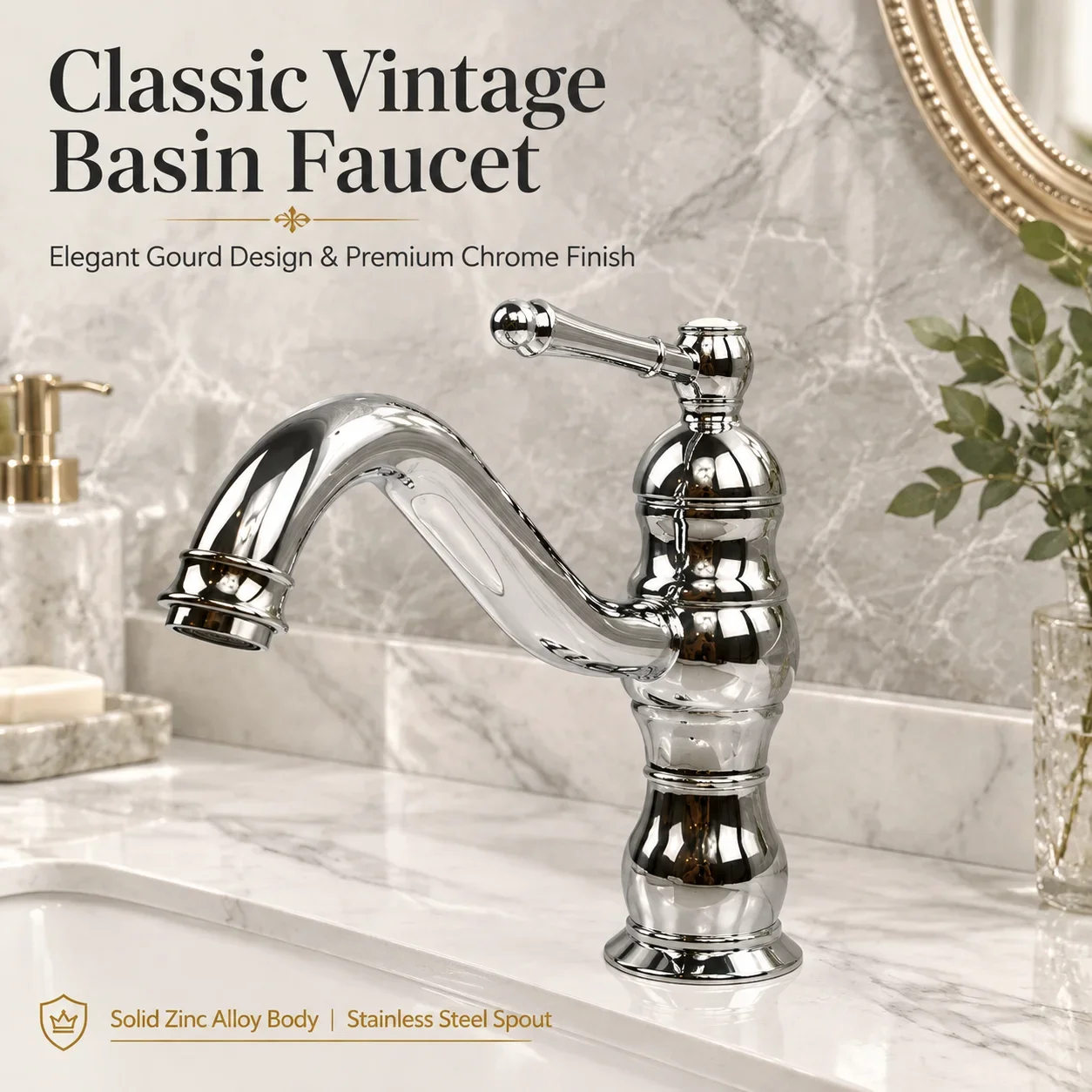 Retro European style bathroom basin faucet, zinc alloy stainless steel body, bright chrome plated single hole hot and cold