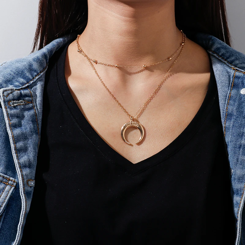 Aihua Mode Gold Farbe Doppel Schicht Mond Anhänger Halsketten für Frauen Luxus Design Glänzende Choker Halskette Schmuck Geschenke – Detail 2