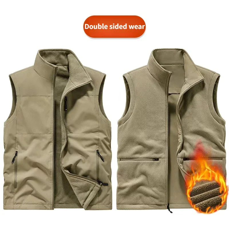 6XL Autumn and Winter double-sided wear with fleece zipper and multi-pocket outdoor workwear warm vest custom logo text