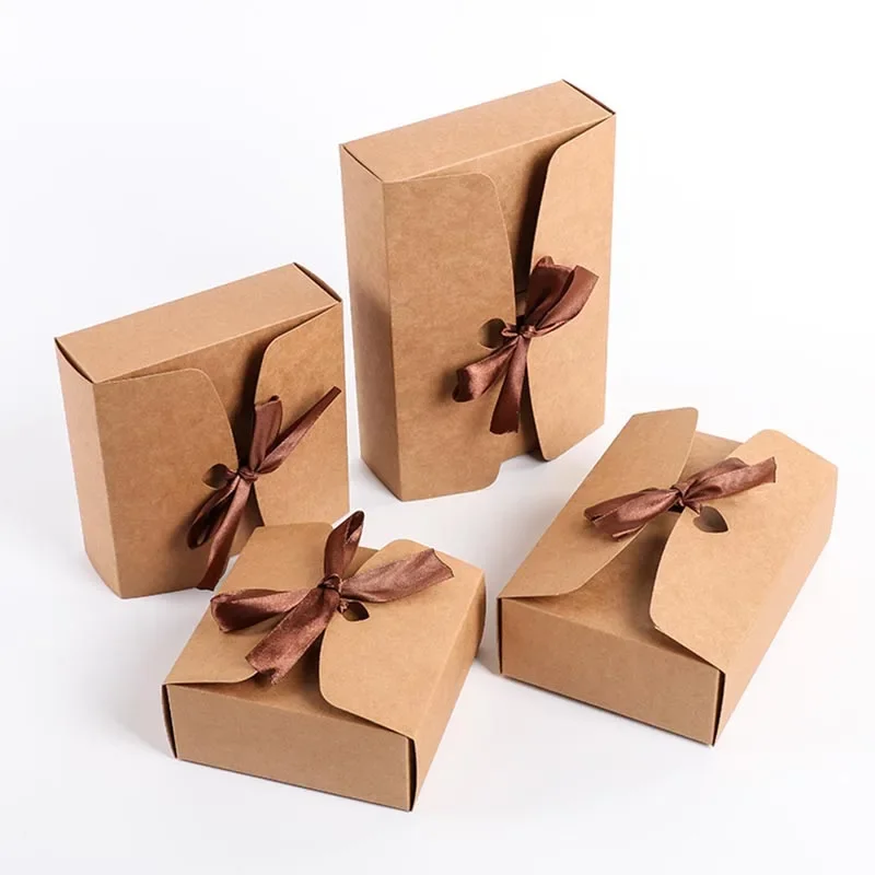 5pcs Brown Kraft Paper Candy Box with Ribbon Wedding Favors Small Gift Packaging Boxes Birthday Baby Shower Party Decoration