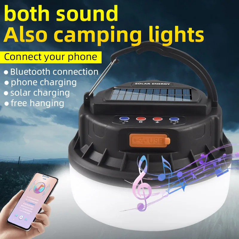 New Smart Camping Lantern LED Rechargeable Light Bulb Outdoor Solar Tent Lamp With Portable Bluetooth Speaker Flashlight Power