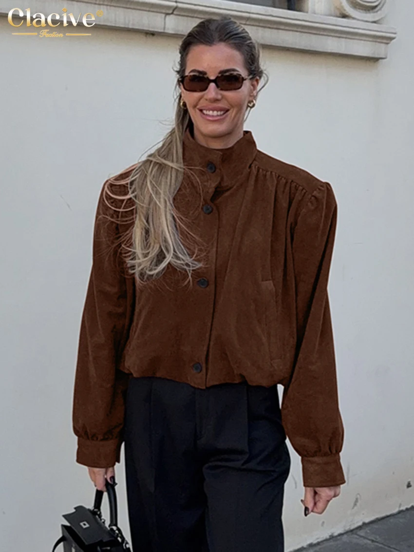 

Clacive Winter Loose Brown Women's Shirt 2025 Fashion Stand Collar Long Sleeve Shirts Elegant Classic Solid Top Female Clothing