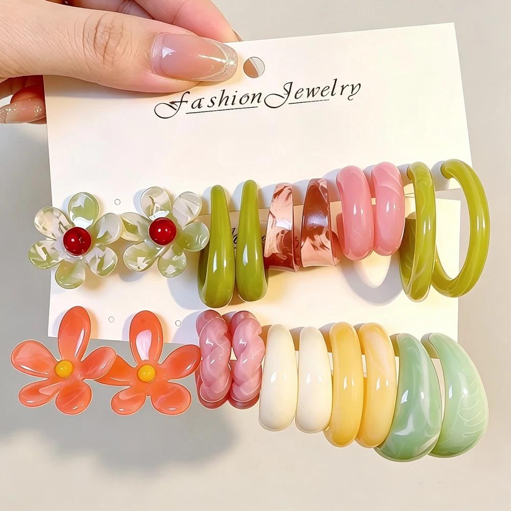 10pcs/20pcs Resin Exaggerated Earrings Set for Women Colorful Flower Stud And C-Shaped Twisted Hoops Cute Dopamine Style Jewelry