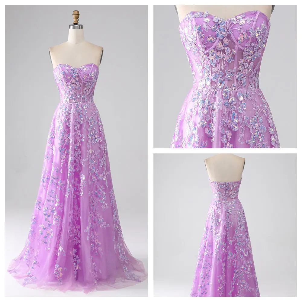

Customized Strapless A-line Evening Dresses Sequined Lace Appliques Long Prom Gown Modern Backless Sweep Train birthday Dress