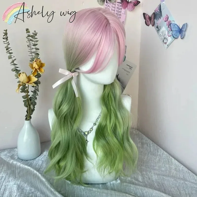 أومبير الوردي الأخضر شعر مستعار للنساء مانا معبد كانروجي ميتسوري كوس شاولومي الوردي الأخضر طويل مجعد شعر مستعار الإناث رئيس الباروكات