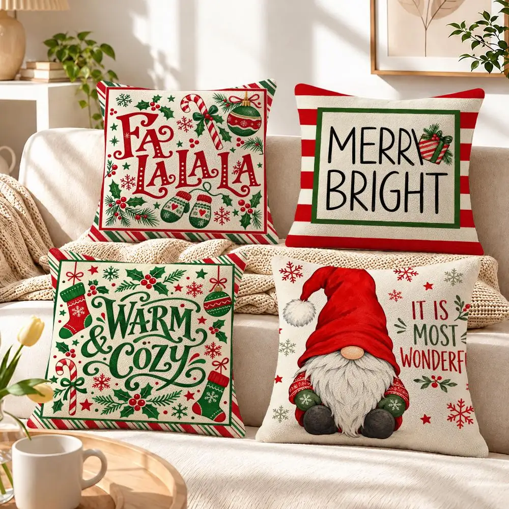 Holiday Rustic Cartoon Christmas Collection Cushion Cover Soft Short‑Plush Pillowcase, Sofa Bedroom Home Decor, Holiday Gift