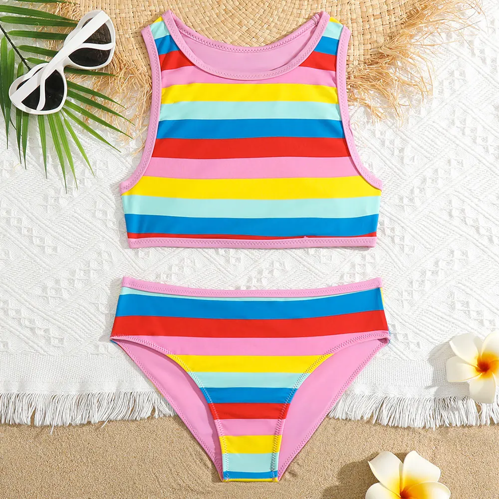 Girl Colourful Striped Bikini Swimsuit Kids Racerback Two Piece Children's Swimwear 4-14 Years Beach Sport Swimming Bathing Suit