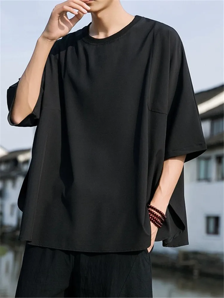 

Bla Ice Silk Thin ort Sve T-irt Men's Summer Faion Design Split Loose Fit round Ne Cool Feeling Youth ular