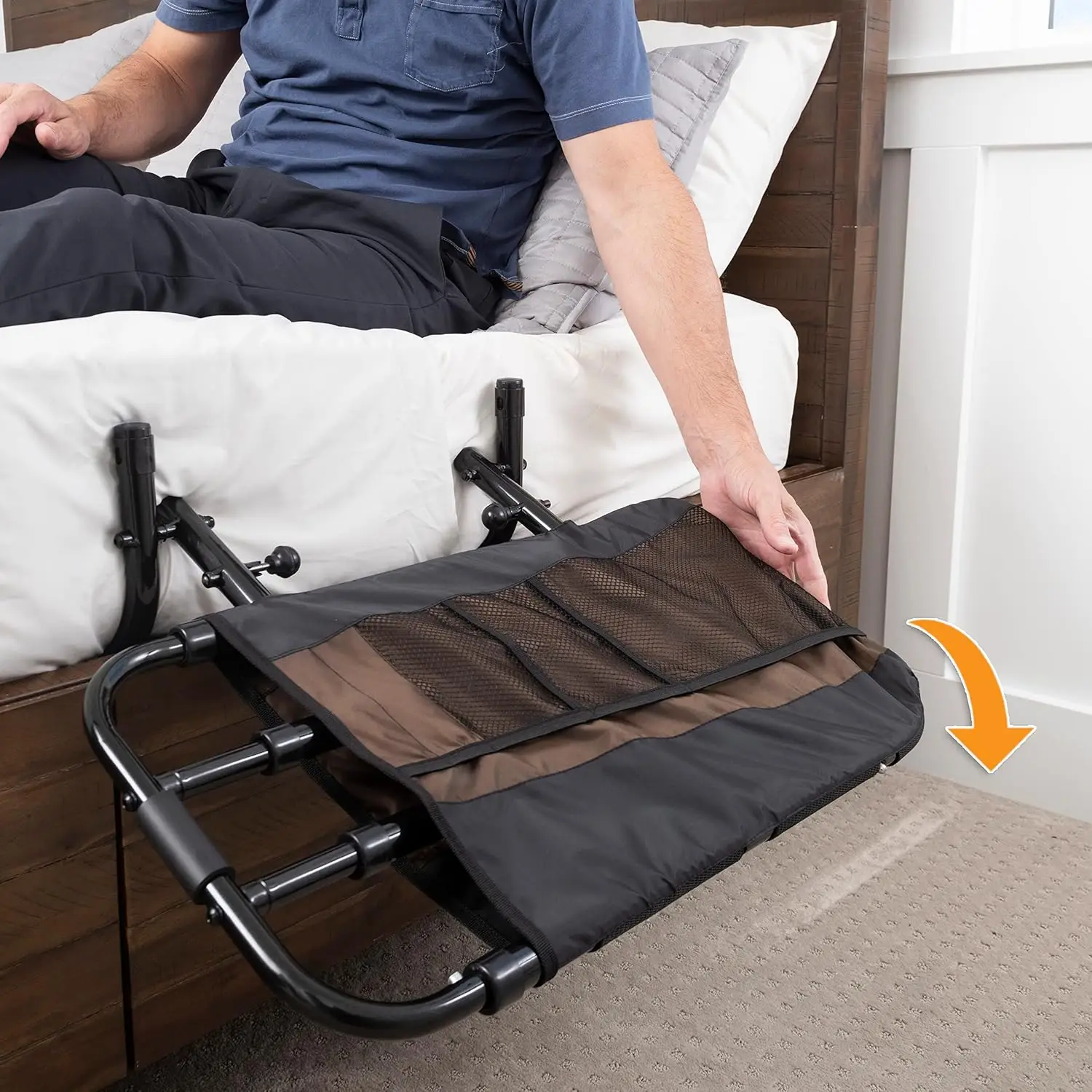 Barra de agarre para cama superior y asistencia para cama para adultos mayores con bolsa organizadora, color negro